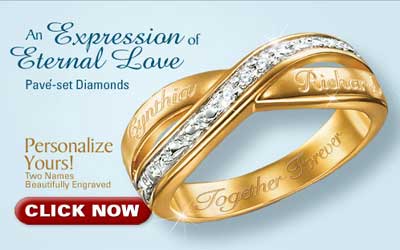 Honor your eternal love with an everlasting symbol of the joy you've found together!  Uniquely designed with two intertwined bands of 24K gold-plated sterling silver, one engraved with your names, the other with a shimmering pave-set sweep of diamonds.  A romantic inscription inside reads, 