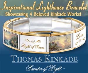 Be inspired by every day with the Thomas Kinkade Hope Lights the Way Italian charm bracelet. Finely handcrafted of sleek stainless steel with 24K gold plating. 4 oversized charms magnificently showcase his most beloved lighthouse works. Connecting charms are engraved with words of comfort and hope. With 7 Swarovski(R) crystals for final touches. Hurry, quantities for this charm bracelet are limited. Click on this link to order now: