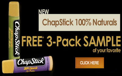 NEW! ChapStick 100% Naturals FREE 3-Pack SAMPLE Choose a flavor: Lip Butter Botanical Medley Prevents and heals dry, chapped lips. Click Here to Claim Your FREE Sample Now