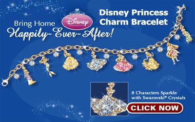 Fairy tales really do come true!  The beauty and romance of 8 of your favorite Disney princesses comes to life in a sparkling charm bracelet.  Handcrafted charms include Cinderella, Snow White, Aurora, Belle, Ariel, Pocahontas, Jasmine and Mulan  Finished with a special tiara charm and dangling crystal briolettes.  Click this link for more info...