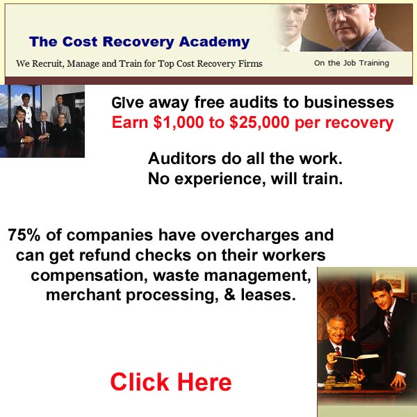 Give away free audits to businesses & earn $1,000 to $25,000 per recovery. Auditors do all the work. No experience, will train. 75% of companies have overcharges and can get refund checks on their workers compensation, waste management, merchant processing, & leases. Click here for details...