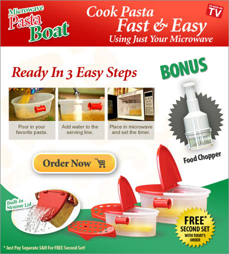 Pasta Boat - Microwave Cooking Pasta Noodles Fast & Easy Cook, Strain & Serve Perfect Pasta Using Just Your Microwave!  Click here...